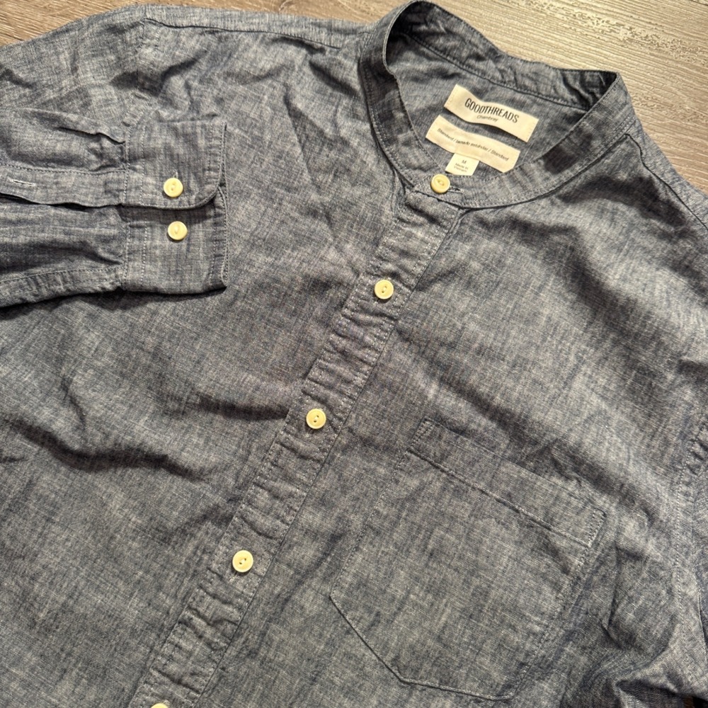Goodthreads Shirt Men M Blue Cotton Denim Chambray Band Collar Workwear Casual